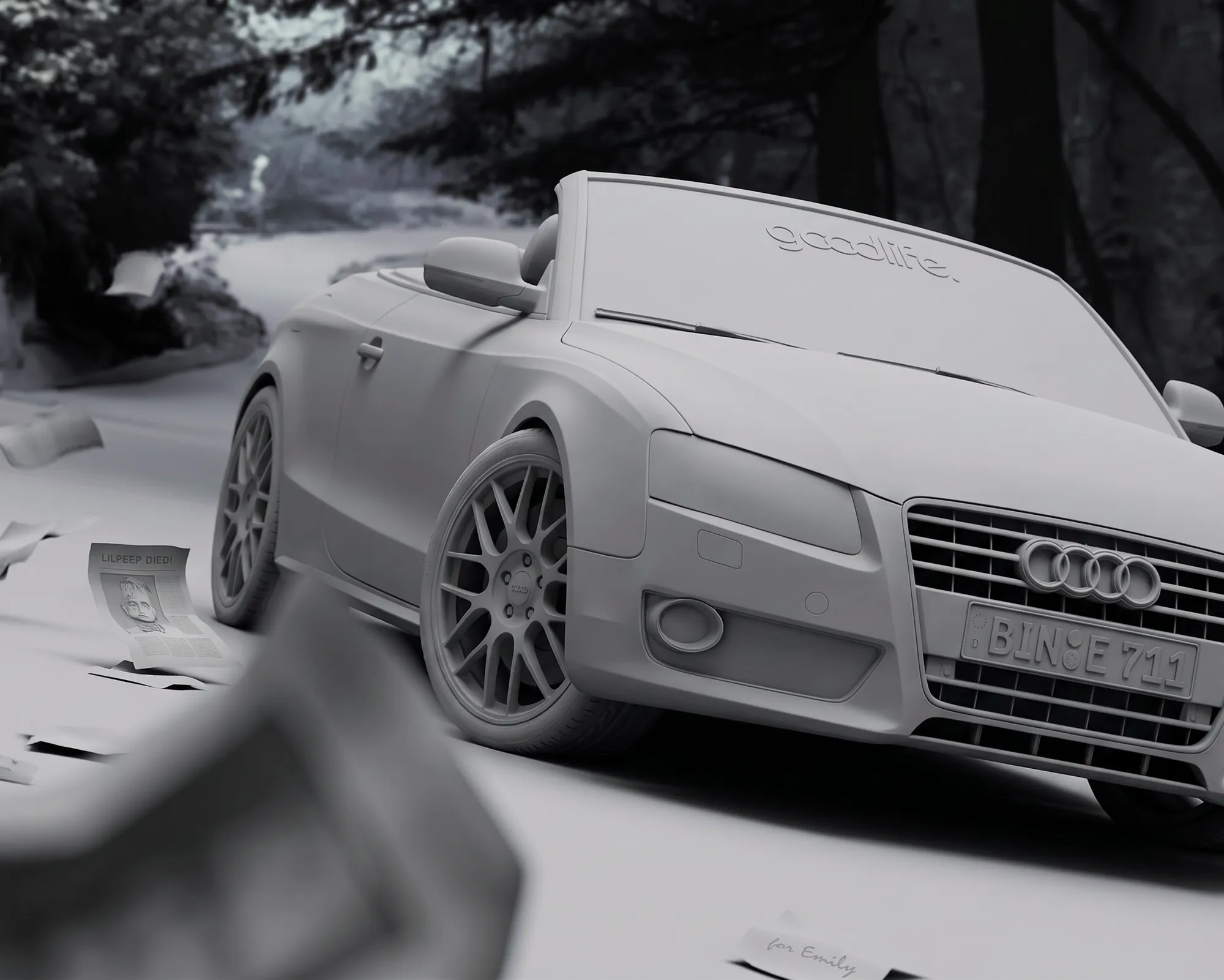 Clay-Rendering des Audi A5 Cabrio ohne Texturen und Farbe, zeigt die reine Form des 3D-Modells auf der Waldstraße