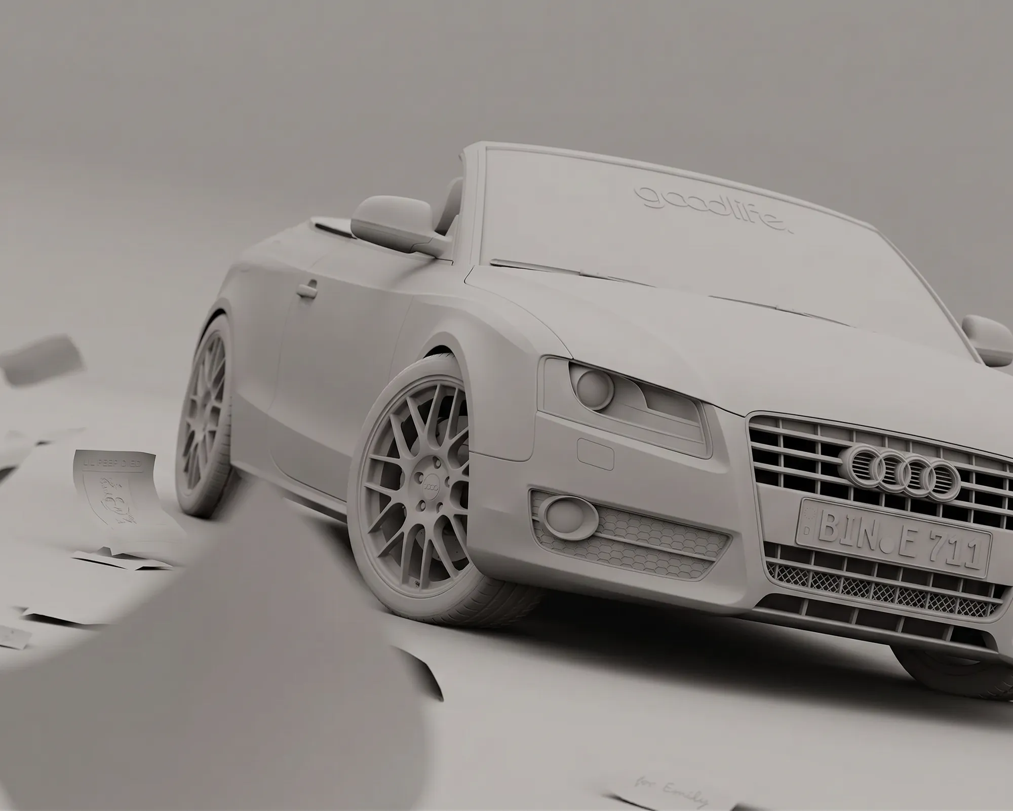 Unbearbeitetes Rohrendering des Audi A5 Cabrio vor der Texturierung, enger Bildausschnitt auf Front und Kühlergrill