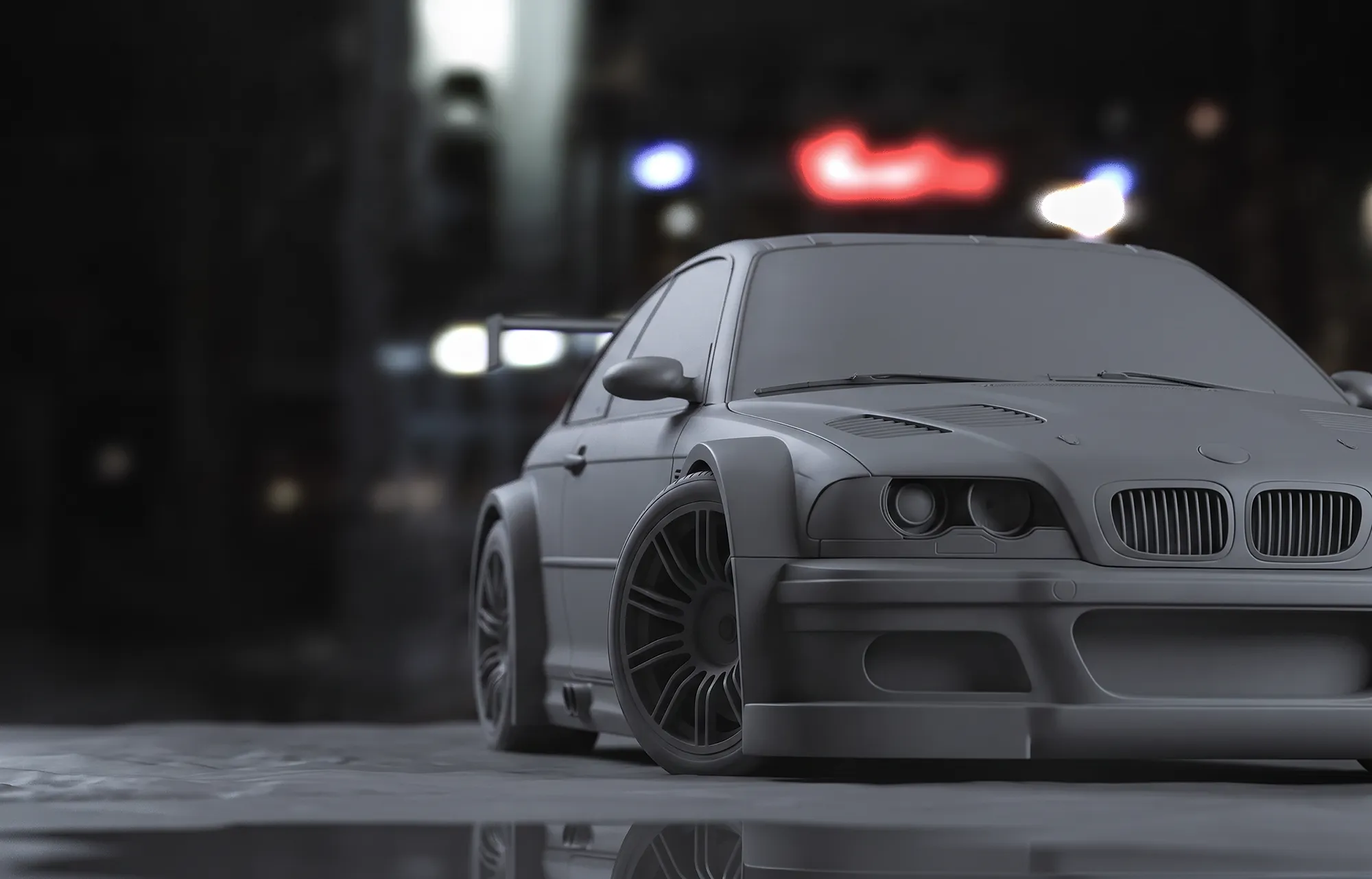 Clay-Rendering des BMW M3 GTR ohne Texturen, Studioaufnahme mit sichtbarem Heckflügel vor neutralem Hintergrund
