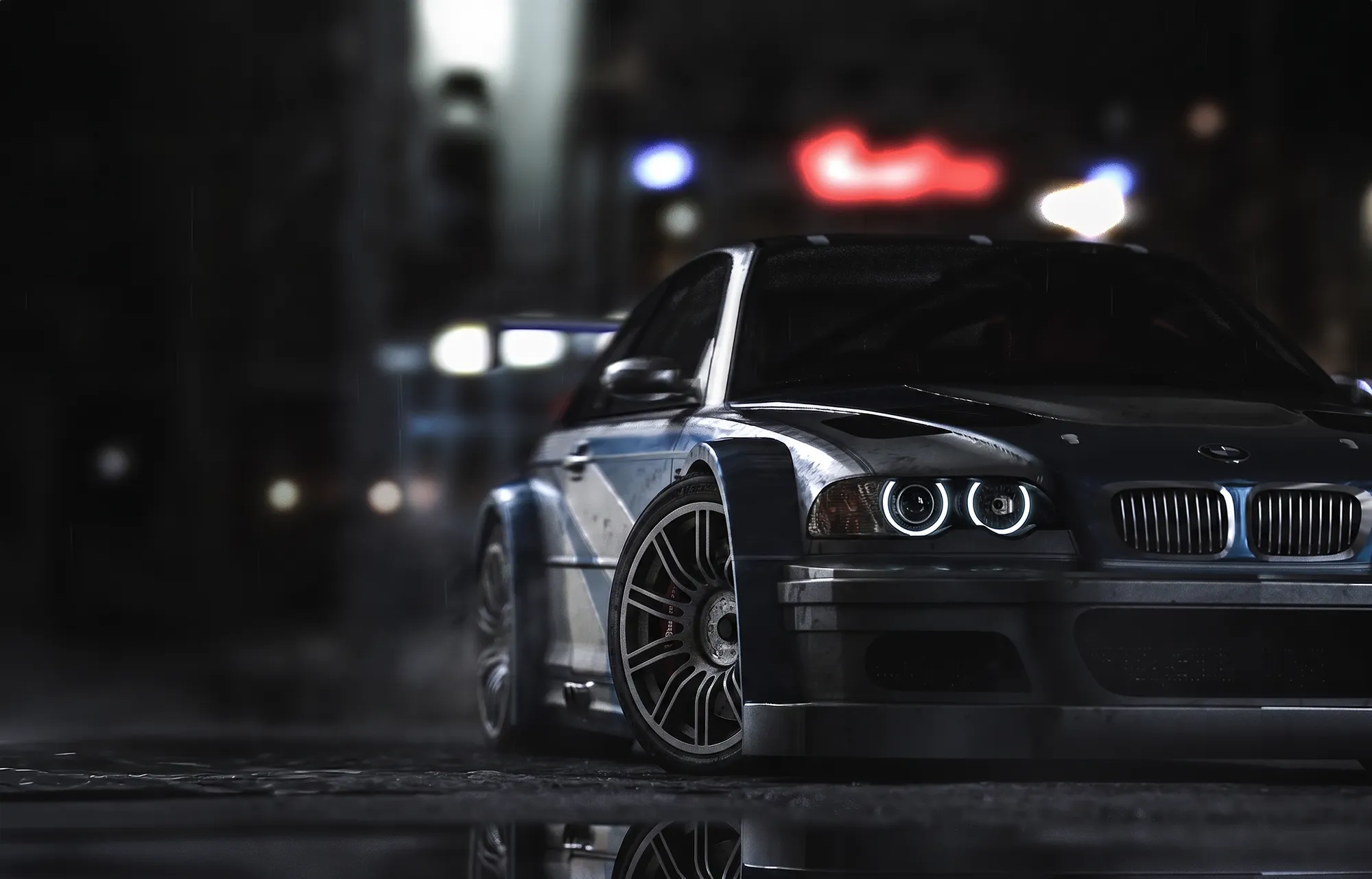 3D-Rendering eines dunklen BMW M3 GTR mit beleuchteten Scheinwerferringen bei Regen in einer Nacht-Kulisse mit Neonlichtern (überarbeitete Fassung)