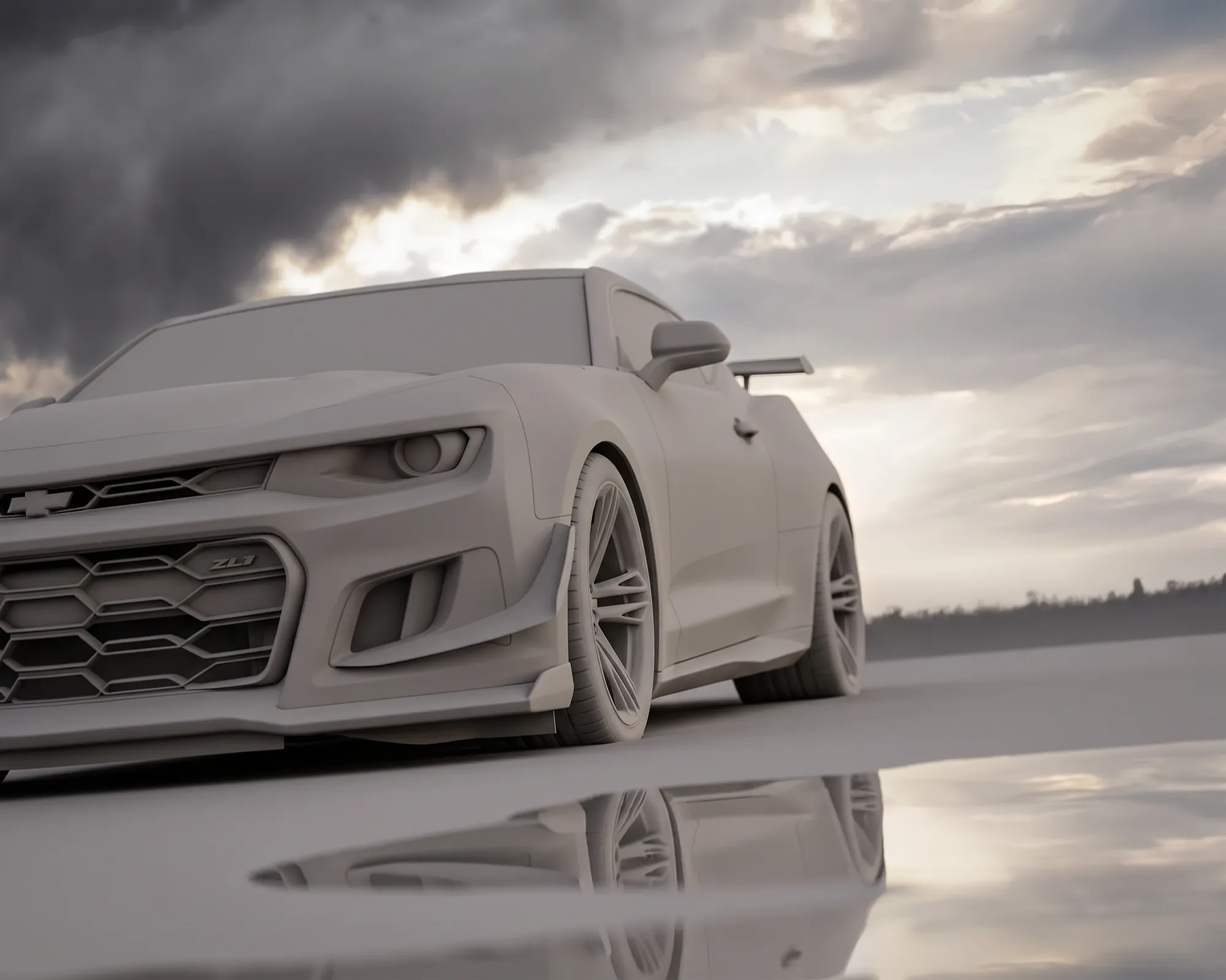 Clay-Rendering des Chevrolet Camaro ZL1 ohne Texturen, Frontansicht vor dramatischem Wolkenhimmel