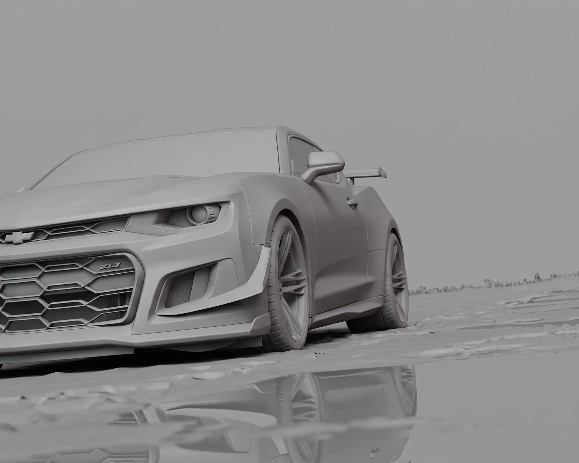 Unbearbeitetes Rohrendering des Chevrolet Camaro ZL1 ohne Texturen, Nahaufnahme von Front und Felge