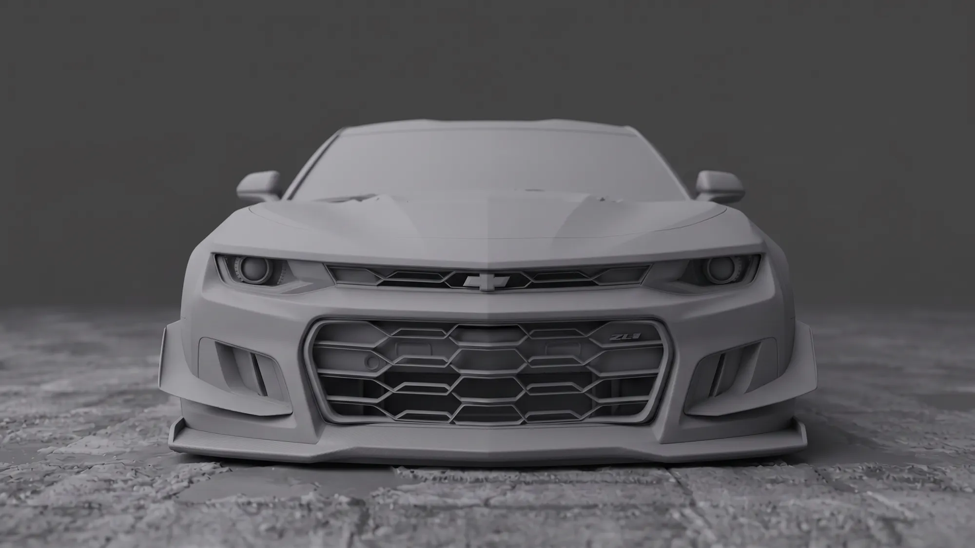 Clay-Rendering des Chevrolet Camaro ZL1 ohne Texturen, zeigt die reine Form des 3D-Modells vor grauem Studiohintergrund