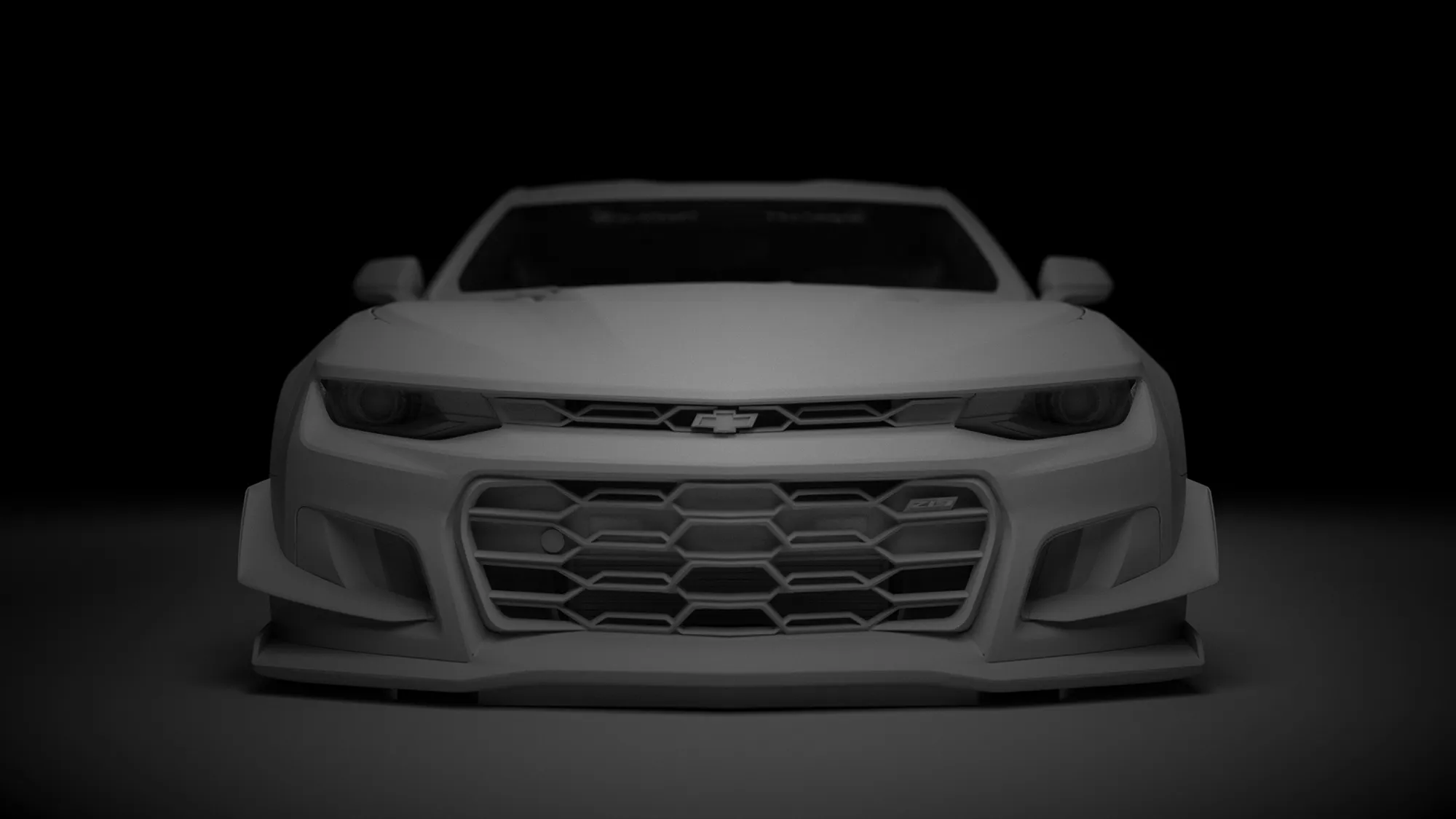 Unbearbeitetes Rohrendering des Chevrolet Camaro ZL1 vor der Texturierung vor schwarzem Hintergrund