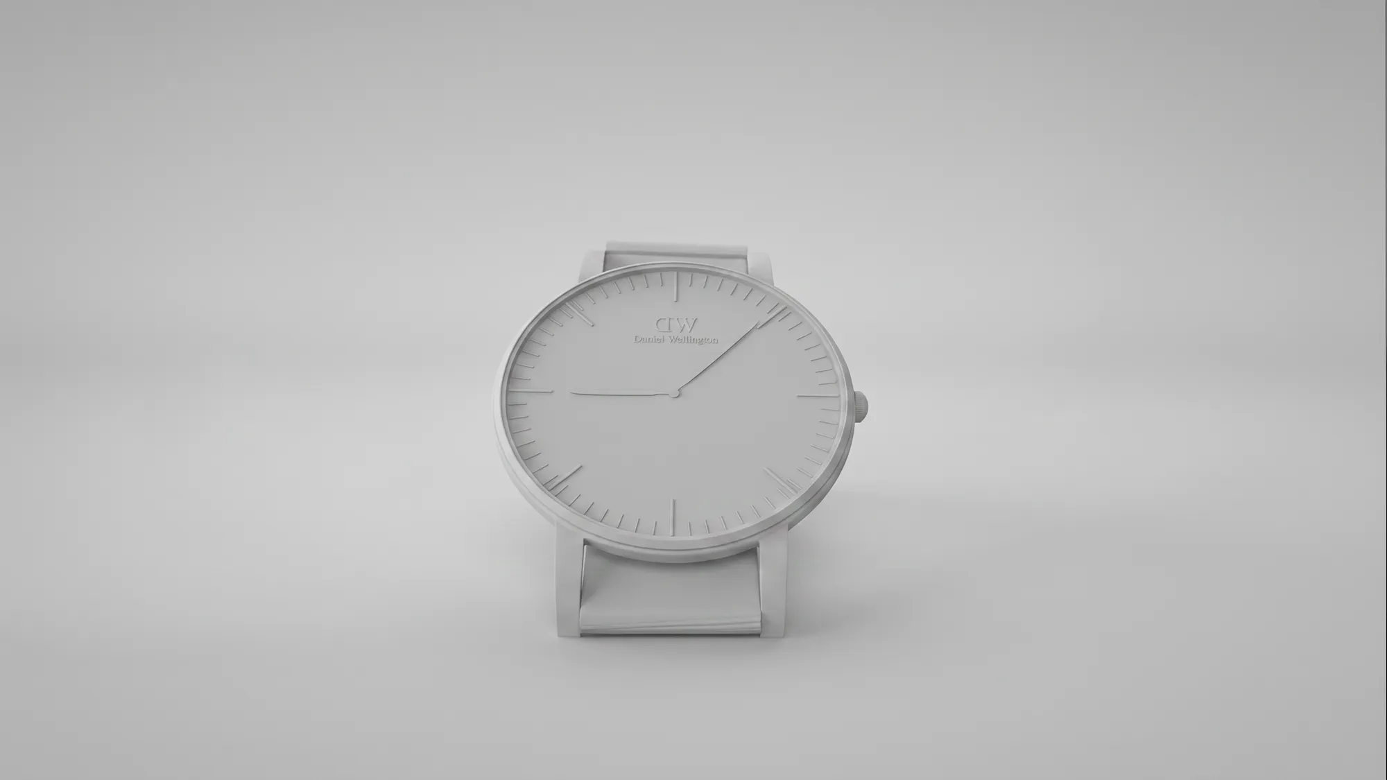 Clay-Rendering der Daniel-Wellington-Armbanduhr ohne Texturen und Farbe vor neutralem Hintergrund