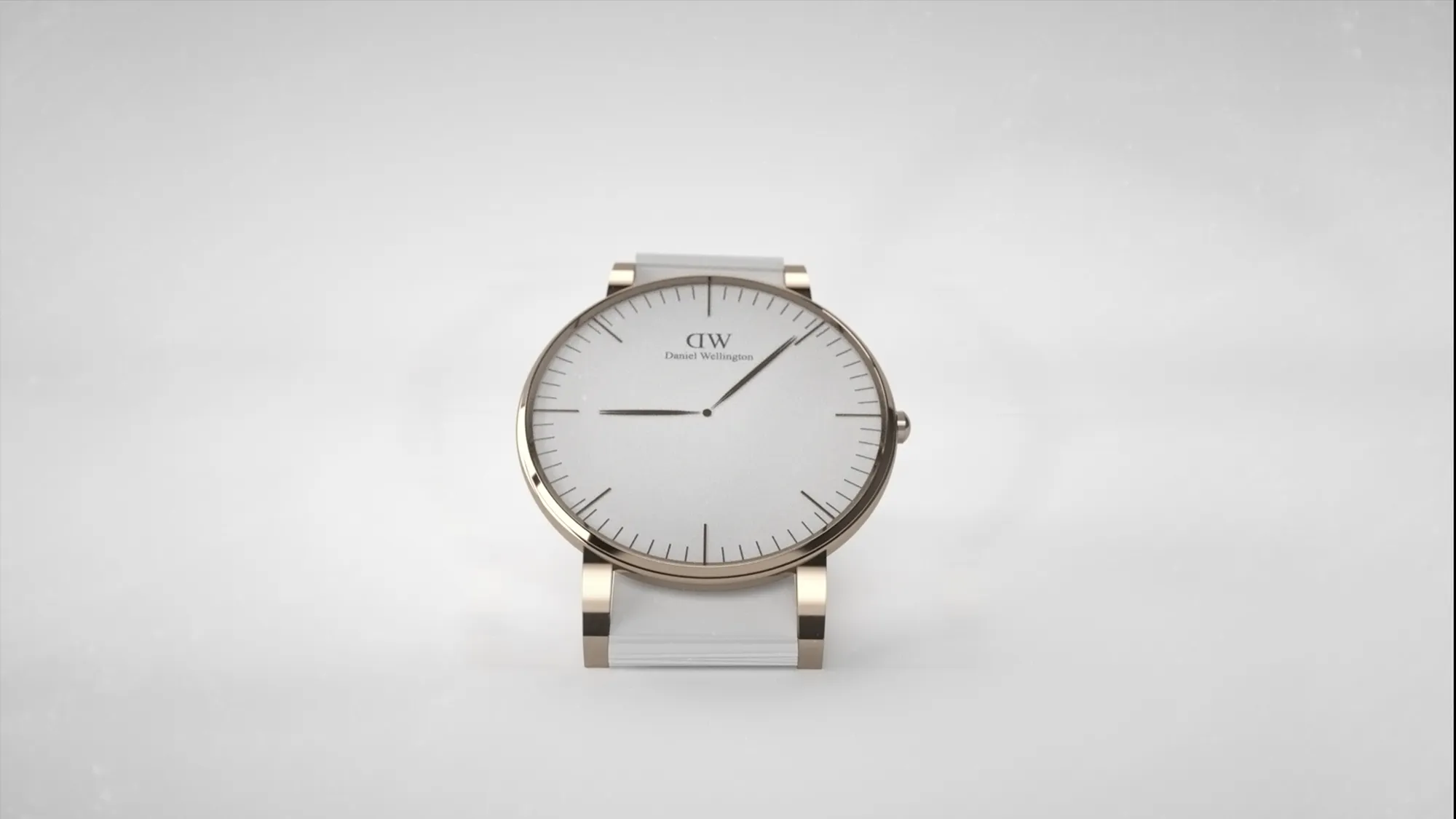 3D-Produktrendering einer Daniel-Wellington-Armbanduhr mit weißem Zifferblatt und roségoldenem Gehäuse