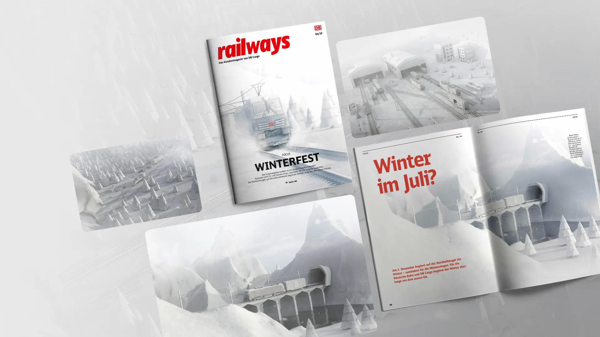 Mockup des DB-Cargo-Mitarbeitermagazins „railways“ mit winterlicher Titelgeschichte „WINTERFEST“