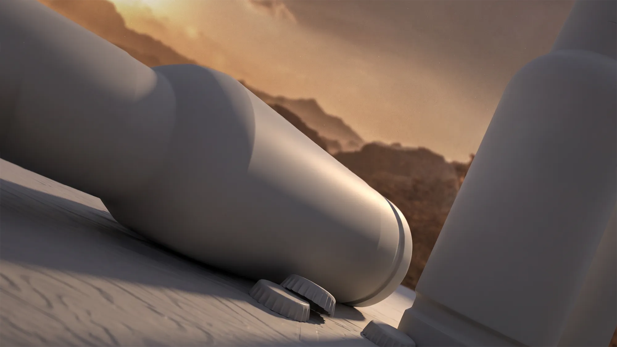 Clay-Rendering der Desperados-Flaschen ohne Texturen und Etiketten vor Bergpanorama