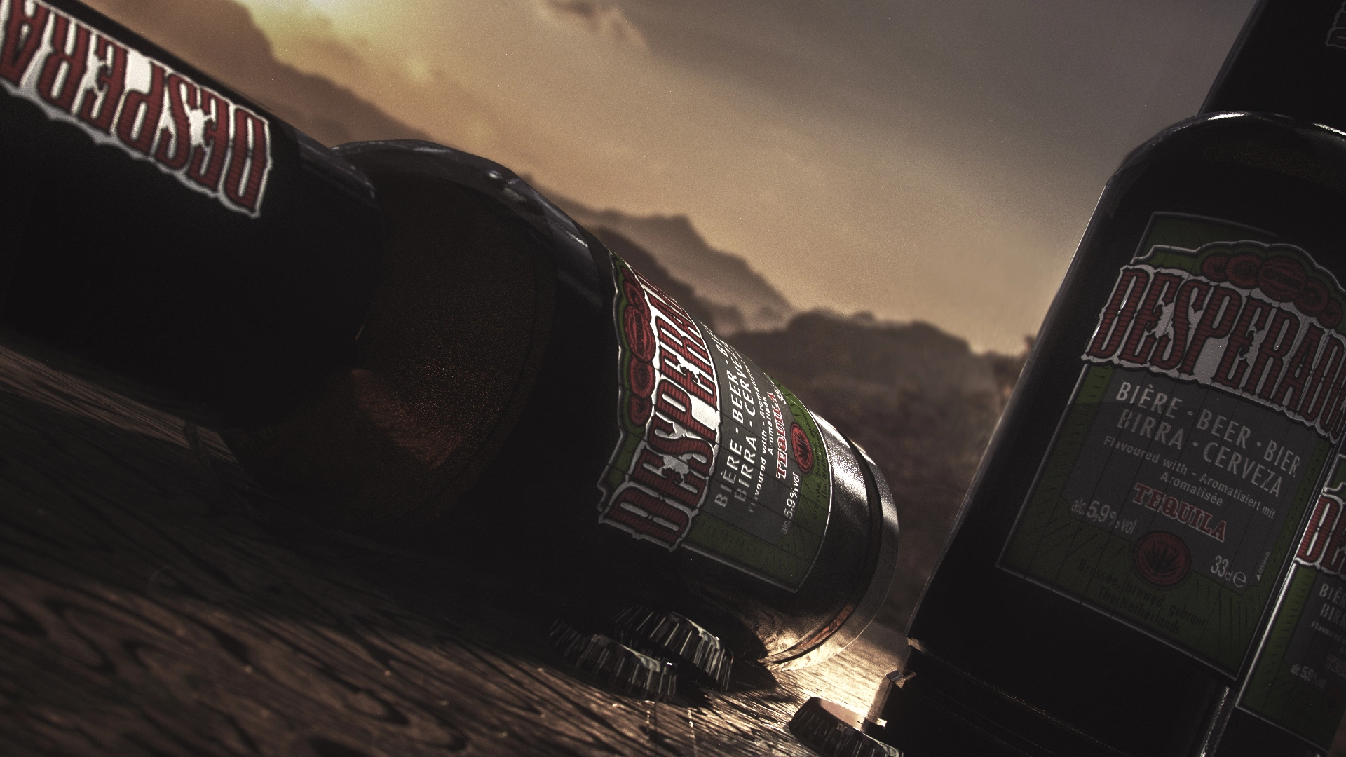 3D-Produktrendering dreier Desperados-Flaschen auf Holzuntergrund bei warmem Sonnenuntergangslicht