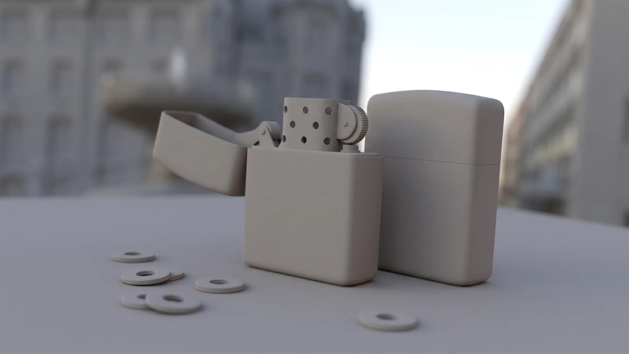 Clay-Rendering zweier Zippo-Feuerzeuge ohne Texturen auf einer Terrasse vor Häuserfassaden