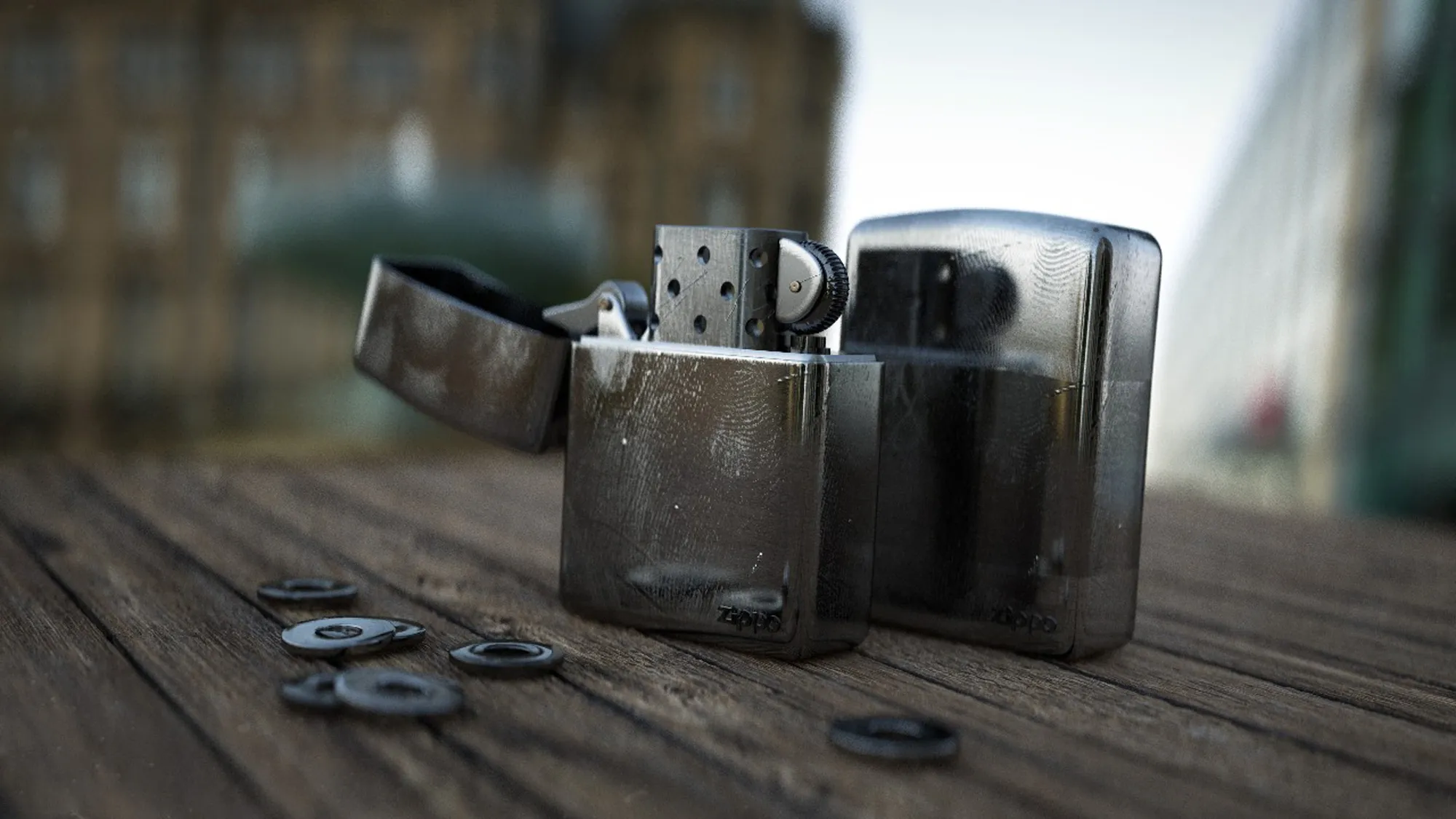 Produktfoto zweier geöffneter Zippo-Feuerzeuge auf einer Holzterrasse im Freien